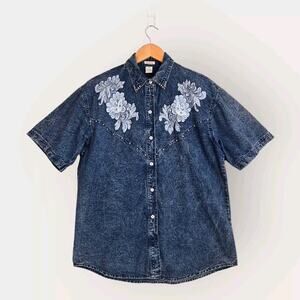 VTG Passion Beaded Denim Shirt Top M Blue Embroidered Short Sleeve Boho Cowgirl